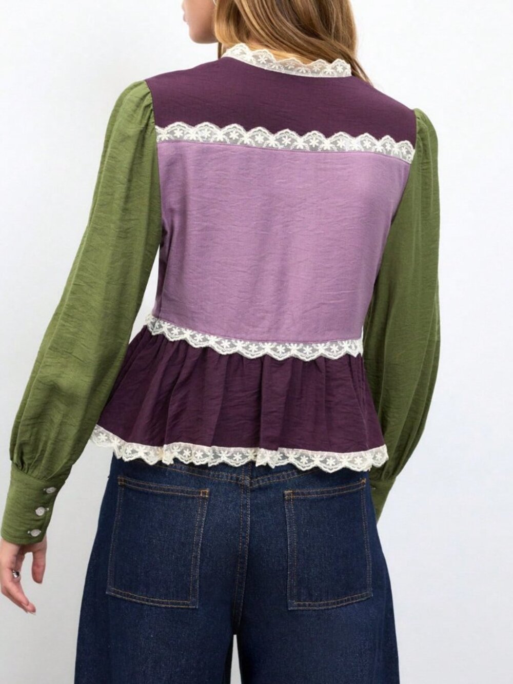 Purple Elegant Women's Colorblock Lace Trim Peplum Blouse - Picture 2 of 7